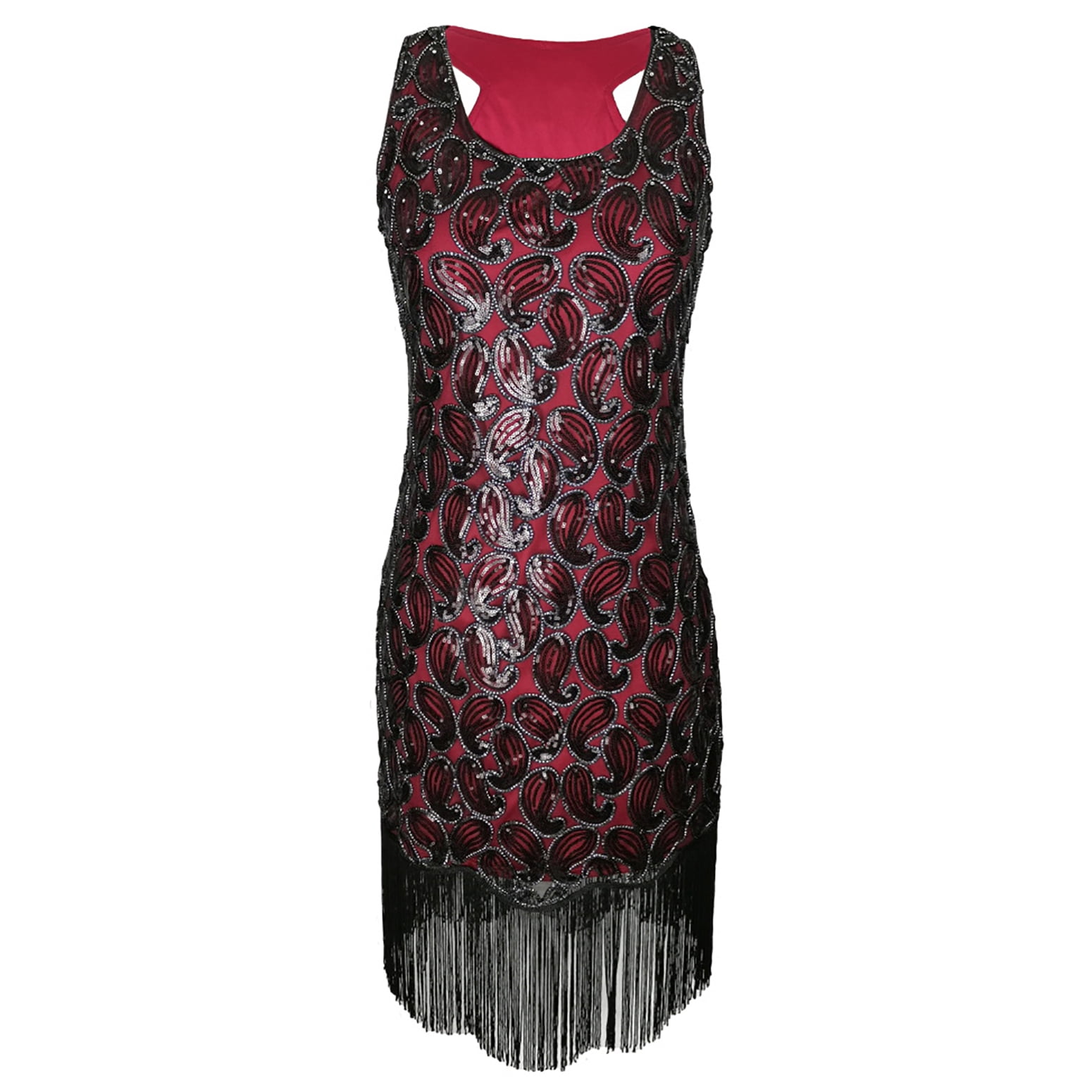 red and black flapper dress Zapaka Red and Black V Neck Sleeveless Sequins Glitter 1920s Bodycon Fringe Flapper Dress, Red & Black / XS