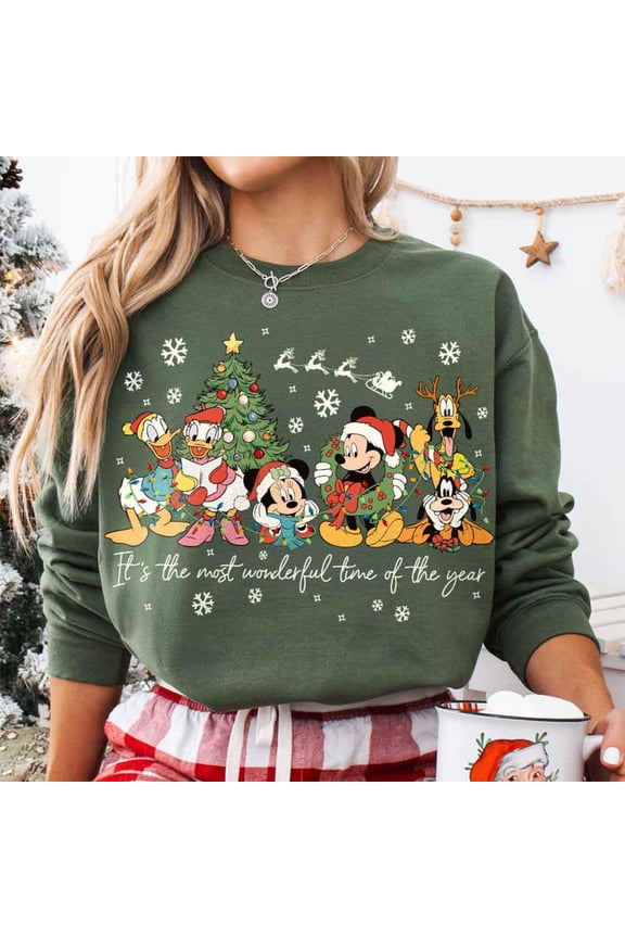 Vintage It's The Most Wonderful Time of The Year Disney Christmas Sweater, Cartoon Mouse & Friends WDW Christmas Party 2025 Sweatshirt,Military Green Color,Size M