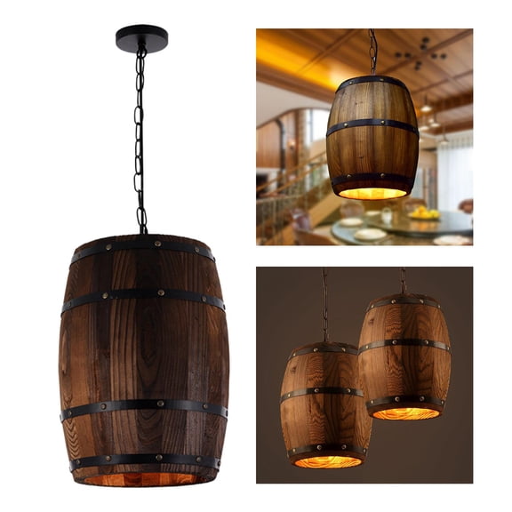 Vintage Wood Barrel Shade Pendant Light Retro Style Adjustable Chain Hanging Lights Creative Unique Ceiling Pendant Light Fixtures Rustic Lamp