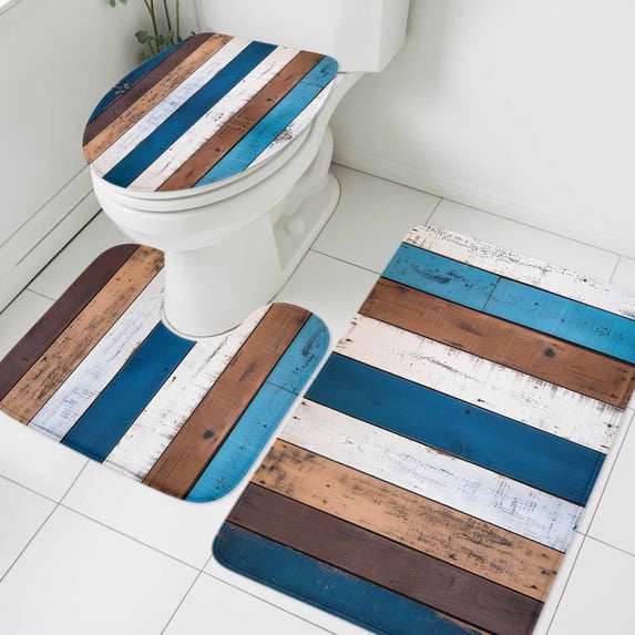 Vintage Wood Bathroom Rugs Set Retro Country Farmhouse Blue Brown White Wood Grain Non Slip Absorbent Soft Bath Mats 3 Piece Set with Bathroom Rug, U-Shaped Floor Mat, Toilet Seat Cover Small Size