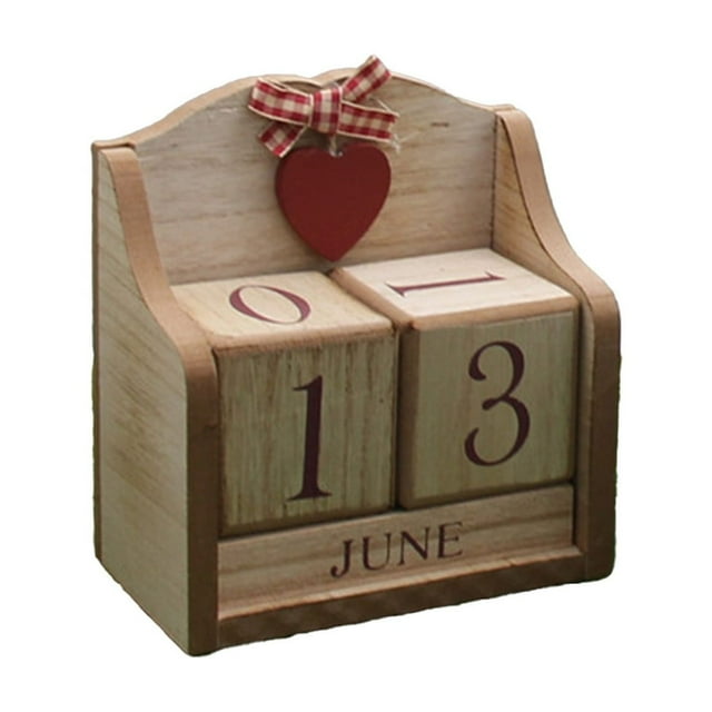 Vintage Wood Block Perpetual Calendar Desktop Calendar, Reusable Wooden Month Date Display Blocks for Desk Office Home Decoration Boho Style, Brown