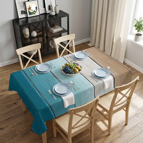 Vintage Wood Board Rectangle Tablecloth 52x70 Inch Peacock Blue Farmhouse Wood Grain Waterproof Polyester Tablecloth for Dining Table, Washable Table Cover for Kitchen Dining Room Wedding