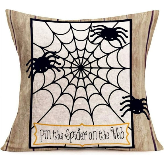 Vintage Wood Board Style with Spider Web Pattern Decorative Pillow Covers Cotton Linen Halloween Quote Pin The Spider On The Web Pillowcase 18" x 18" for Home Sofa Couch (Wood Spider)