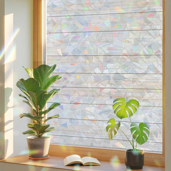 Vintage Wood Board Window Privacy Film, Rainbow Film Decorative Window Sticker 17.7x39.3in, Minimalist Wooden Plank Sun Blocking Static Stained Glass Cling Tint Non-Adhesive