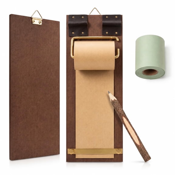 Vintage Wood Clipboard Wall Memo Board Roller Paper Dispenser with 2 Paper Rolls & Wooden Pen, Built-in Metal Cutter, Hanging Note Organizer for Kitchen, Café & Home Office