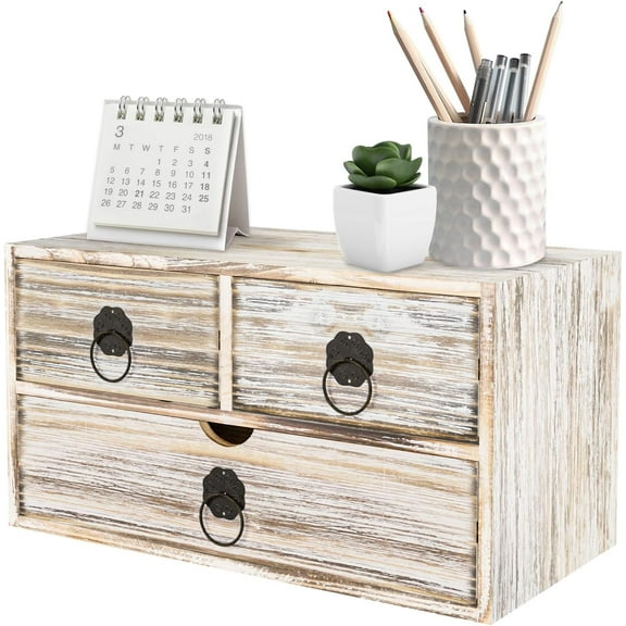 Vintage Wood Desk Organizer, Small Desk Organizer with Drawers, Tabletop Storage Organization Box for Office Home Toiletries Supplies, No Assembly Required (3 Drawer)