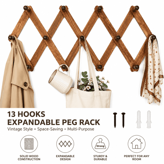 Vintage Wood Expandable Peg Rack Multi-Purpose Accordion Wall Hangers with 13 Hooks for Hats, Coats, Mugs, Scarves, and Jewelry Storage
