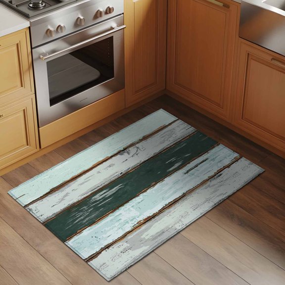 Vintage Wood Grain 2x3 Rug for Entryway Front Door Kitchen Sink Area, Green White Striped Gradient Farm Low Pile Washable Non Slip Rectangle Area Rug