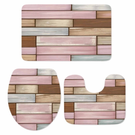 Vintage Wood Grain Bathroom Rugs Set Pink Brown Board Farmhouse Non Slip Absorbent Soft Bath Mats 3 Piece Set with Bathroom Rug, U-Shaped Floor Mat, Toilet Seat Cover Small Size