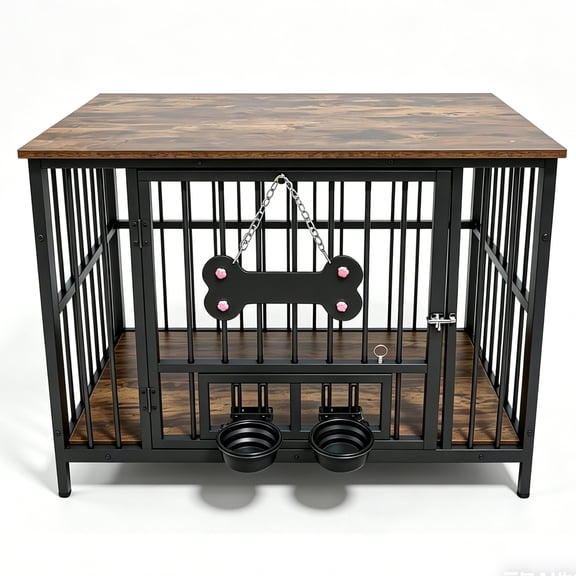 Vintage Wood Grain Dog Cage with 360 Rotating Bowls Heavy Duty Metal Pet Crate with Stainless Steel Food Bowls, Furniture-Style Indoor Kennel for Small & Medium Dogs, Brown+Black
