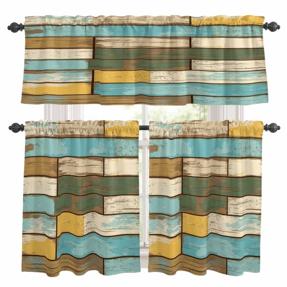 Vintage Wood Grain Kitchen Curtains Valances and Tiers Set of 3 Blue Green Yellow Farmhouse Tier Curtains and Valance with Rod Pocket for Small Windows, 27.5"x36"