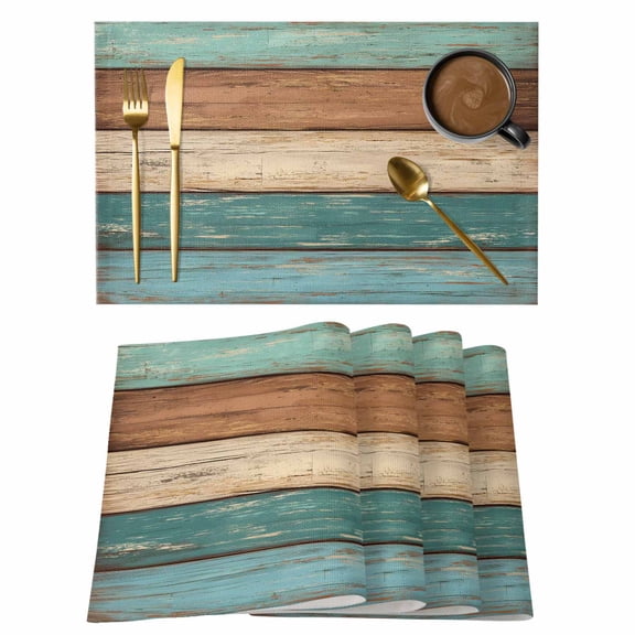 Vintage Wood Grain Placemats Set of 4 Teal Turquoise Brown Stripe Board Farmhouse Heat Insulation Washable Place Mats, Rustic Non-Slip Table Mats for Dining Table Party Kitchen Decor,13x19 Inch