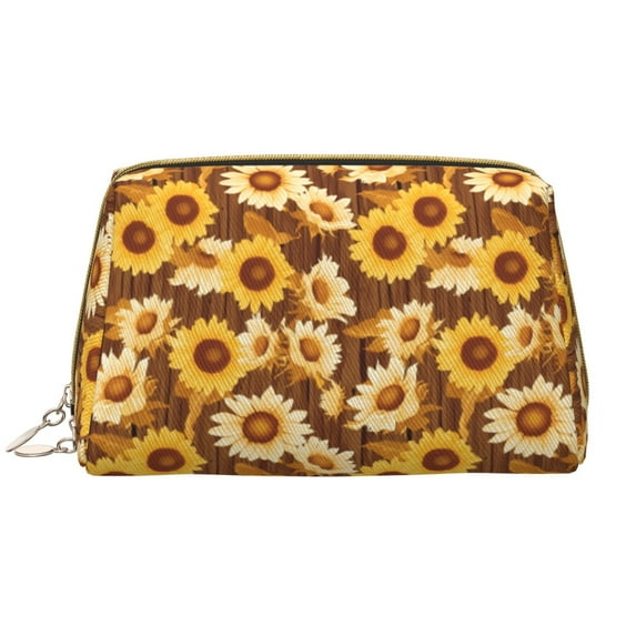 Brown Wood Grain Sunflower B Makeup Bag, Large Capacity Travel Cosmetic Bag for Women Girls- Travel Toiletry Bag Leather Portable Waterproof Makeup Case Organizer with Handle
