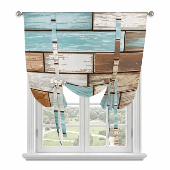 Vintage Wood Grain Tie Up Curtain for Window, Blue Brown White Board Farmhouse Adjustable Tie Up Balloon Curtain Valances Rod Pocket Window Treatment for Kitchen Bathroom Bedroom 42"x63"