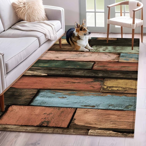 Vintage Wood Grains Area Rug 3x5 Washable Rug Non Slip Farmhouse Colorful Wooden Texture Large Area Rug Indoor Floor Carpet for Entryway Bedroom Kitchen Living Room Home Office Dining Room Nursery