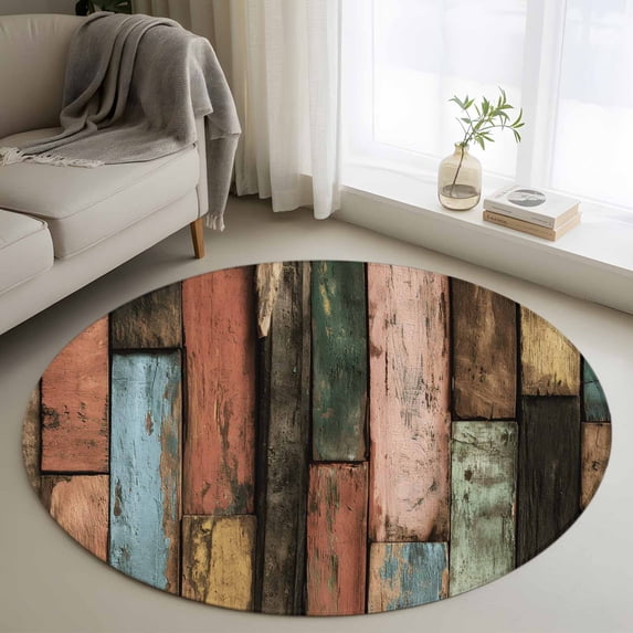 Vintage Wood Grains Round Rug 4ft Washable Circle Entryway Rugs Non Slip Farmhouse Colorful Wooden Texture Area Rug Indoor Floor Carpet for Bedroom Kitchen Living Room Home Office Dining Room Nursery