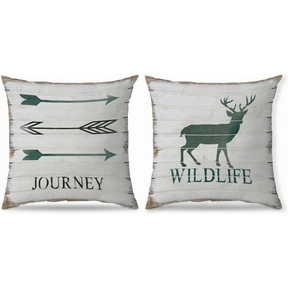 Vintage Wood Journey Wildlife Deer Woodland Throw Pillow Covers 18x18 Inch Set of 2,Camper Decor Decorative Throw Pillow Cases Pillowcases for Sofa Couch,Camper Gifts for Camper Lover
