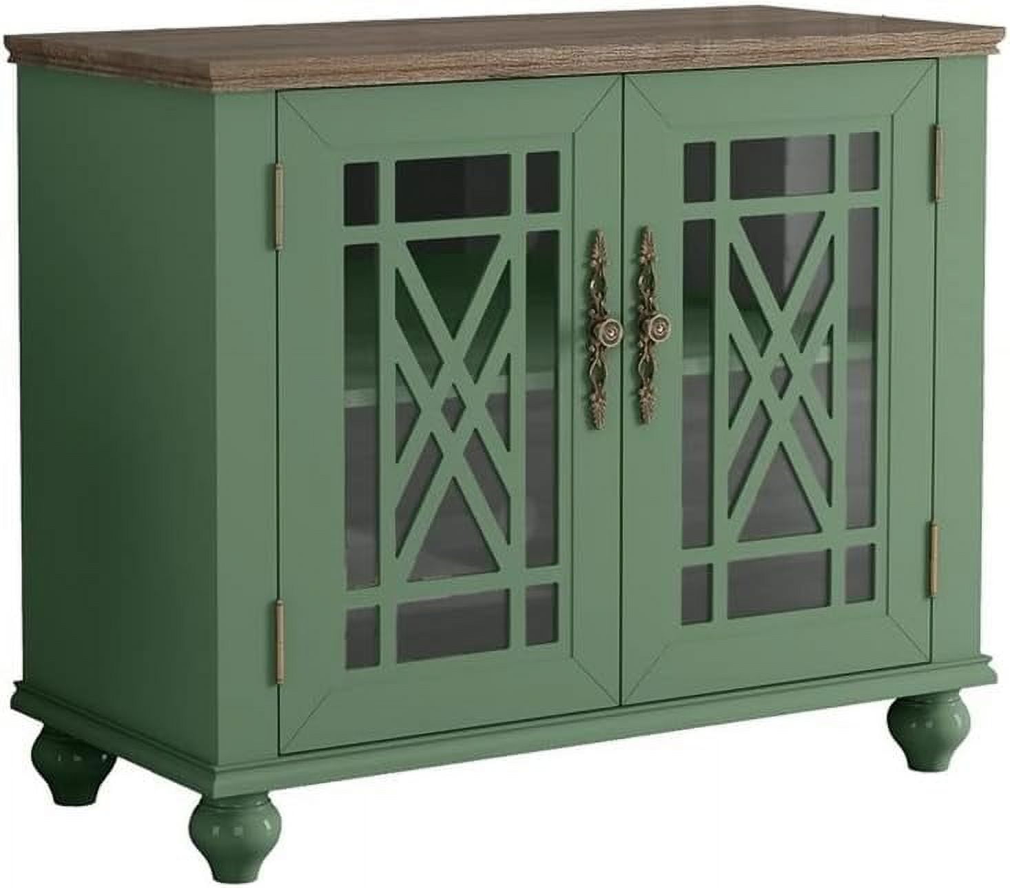 Green Vintage Wood Sideboard Buffet Cabinet with Glass Doors