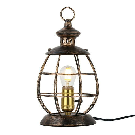 Vintage Wood Lantern Gold Table Lamp for Living Room, Industrial Anti Rustic Reading Bedside Desk Lamp - Hurricane Nightstand Light for Outdoor Hallway Porch Patio