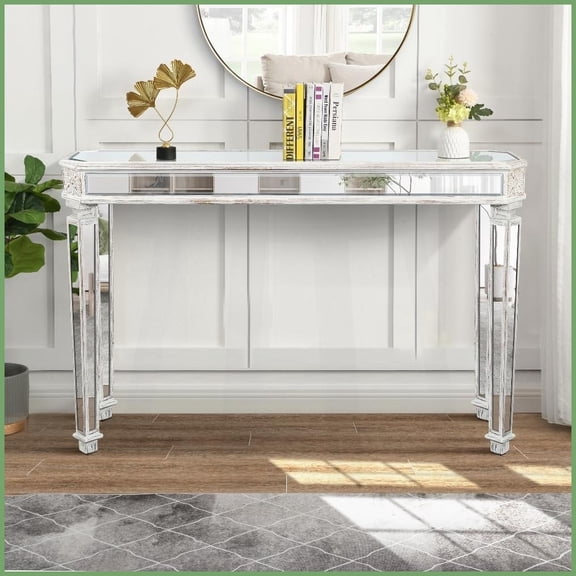 Vintage Wood-Look Coffee Table with Mirror Accent for Entryway & Living Room, Easy-Clean & Sturdy