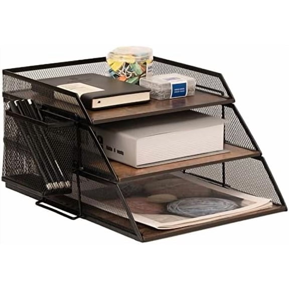 Vintage Wood & Metal Letter Tray， Stackable Desk Organizers Paper Tray， for File Magazines Mail Organizer, Vintage Wood Desk File Organizer with Pen Holder(3 Layer)