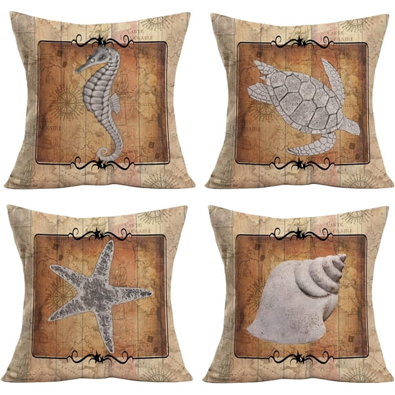 Vintage Wood Ocean Home Pillow Cover Set of 4 Turtle Starfish Conch Sea Horse Farmhouse Pillows Covers Square Marine Nautical Pillow Cases Cotton Linen for Bed 20x20 Inch(Marine Set)