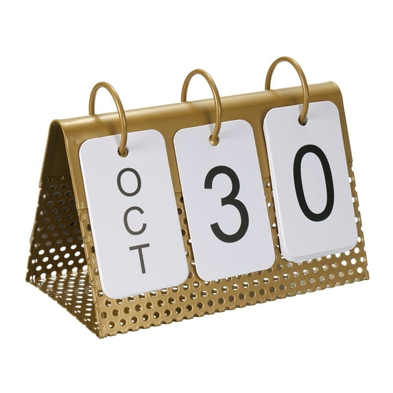 Vintage Wood Perpetual Calendar, Flip Calendar Turn Page Month Date Display for Desk Office Style 1, Golden