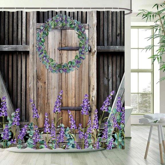 Vintage Wood Plank Shower Curtain Rustic Farm Barn Door Wooden Wheel Green Leaves Retro Bath Curtains Bathroom Decor with