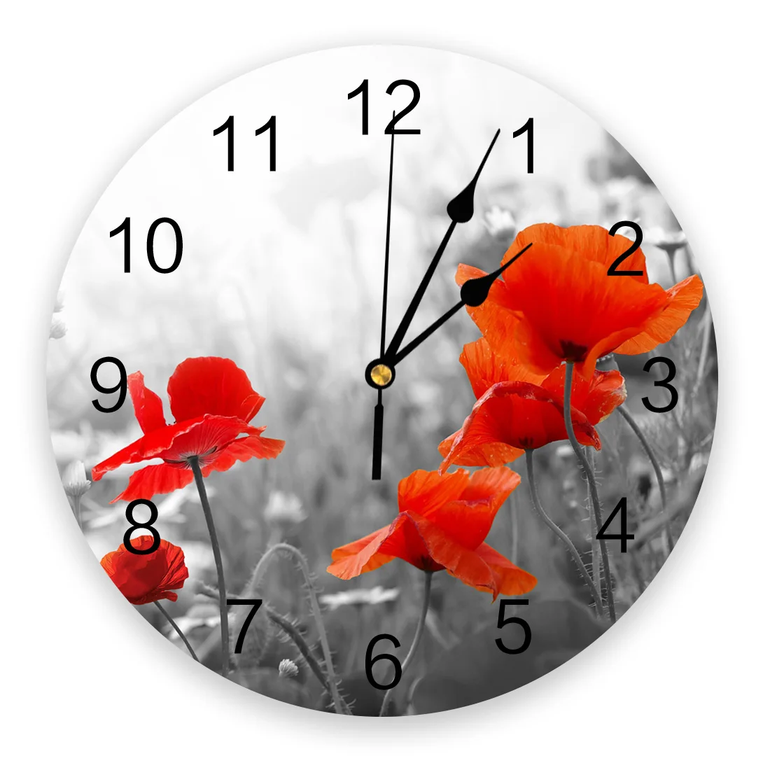 Vintage Wood Red Flowers Poppy Wall Clock Art Clocks Personality Living