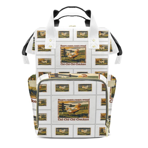 Vintage Wood Roam Chicken Diaper Backpack for Boys, Large Capacity Diaper Bags for Girls, Retro Stamp Graphic Chicken Mummy Bag with Insulated Pockets