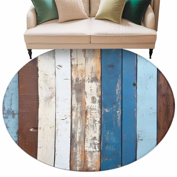 Vintage Wood Round Area&nbsp;Rug 8ft Country Farmhouse Brown Blue Wood Grain Non-Slip&nbsp;Washable Circle Rugs Soft Felt Indoor Floor Mat for Bedroom Kitchen Living Room Bathroom