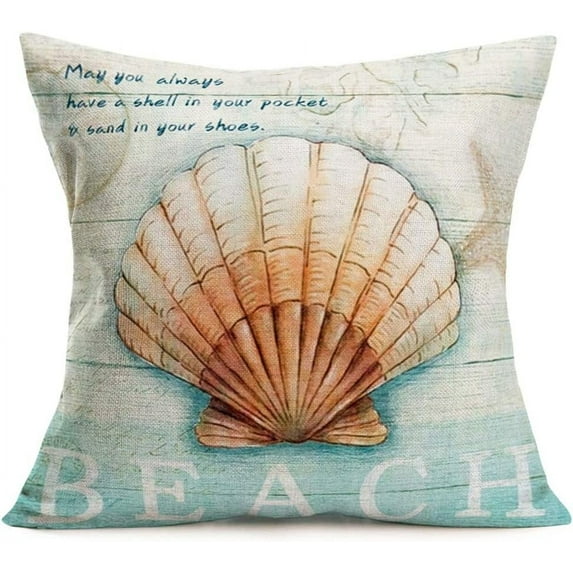 Vintage Wood Seashell Throw Pillow Covers Cotton Linen Ocean Beach Theme Decorative Pillow Cover Square Outdoor Decor Cushion Cover 18x18 Inch for Sofa Couch Accent Pillow Case (OW09)