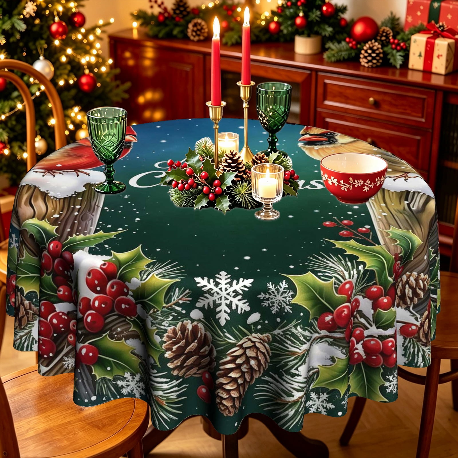 Vintage Wood Texture Cardinal Bird Pine Cone Holiday Script Polyester ...