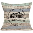 thumbnail image 1 of Vintage Wood Throw Pillow Covers Happy Camper Cotton Linen Decorative Pillows Cover Square Adventure Awaits Quote Pillowcase Home Decor 18X18 Inch (World Adventure), 1 of 4