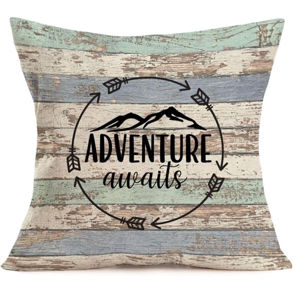 Vintage Wood Throw Pillow Covers Happy Camper Cotton Linen Decorative Pillows Cover Square Adventure Awaits Quote Pillowcase Home Decor 18X18 Inch (World Adventure)