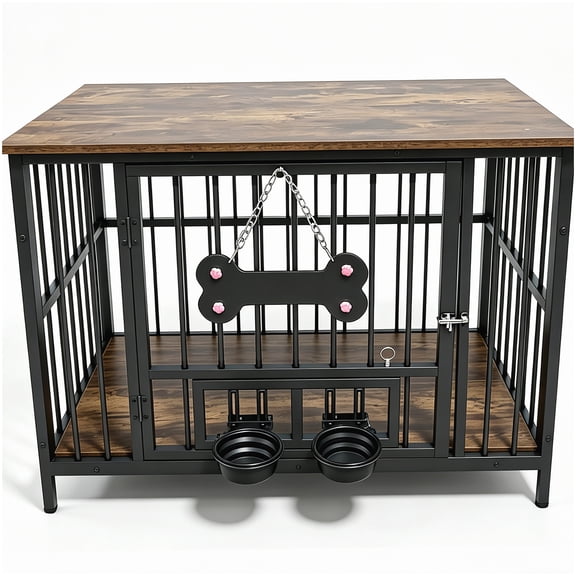 Vintage Wood Tone Dog Crate Furniture for Small Medium Dogs, Brown Black Metal Indoor Pet Cage with Rotating Double Bowls, Living Room Bedroom Entryway Home Decor