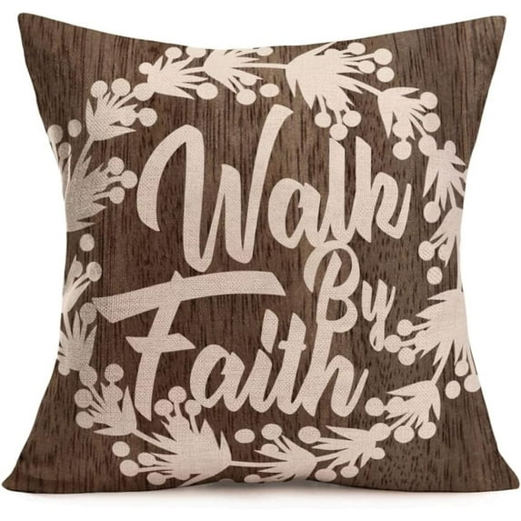 Vintage Wood White Floral Wreath Throw Pillow Covers Walk by Faith Inspirational Quote Words Cotton Linen Pillowcase Home Sofa Couch Decor Cushion Cover for Sofa Couch Bed 18\u201dx18\u201d (VW-Walk)