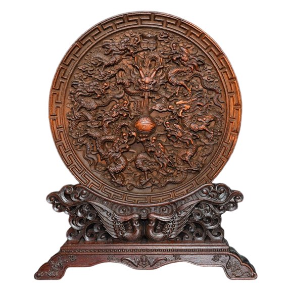 Vintage Wood Wooden Carved Figure Dragon Statue Boxwood Screen Bead Sculpture Nobility Fortune Harmony Prosperity Blessing