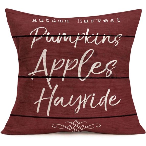 Vintage Wood Words Throw Pillow Cover Cotton Linen Autumn Harvest Pumpkins Apples Hayride Seasonal Quote Letters Pillow Case Rustic Farmhouse Cotton Linen Cushion Cover for Sofa Couch