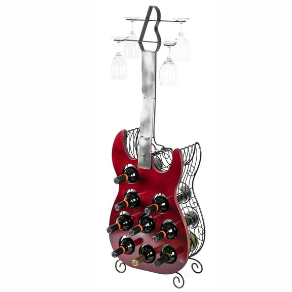Vintage Wood and Metal Guitar Shaped 9 Bottle Freestanding Decorative Wine Holder