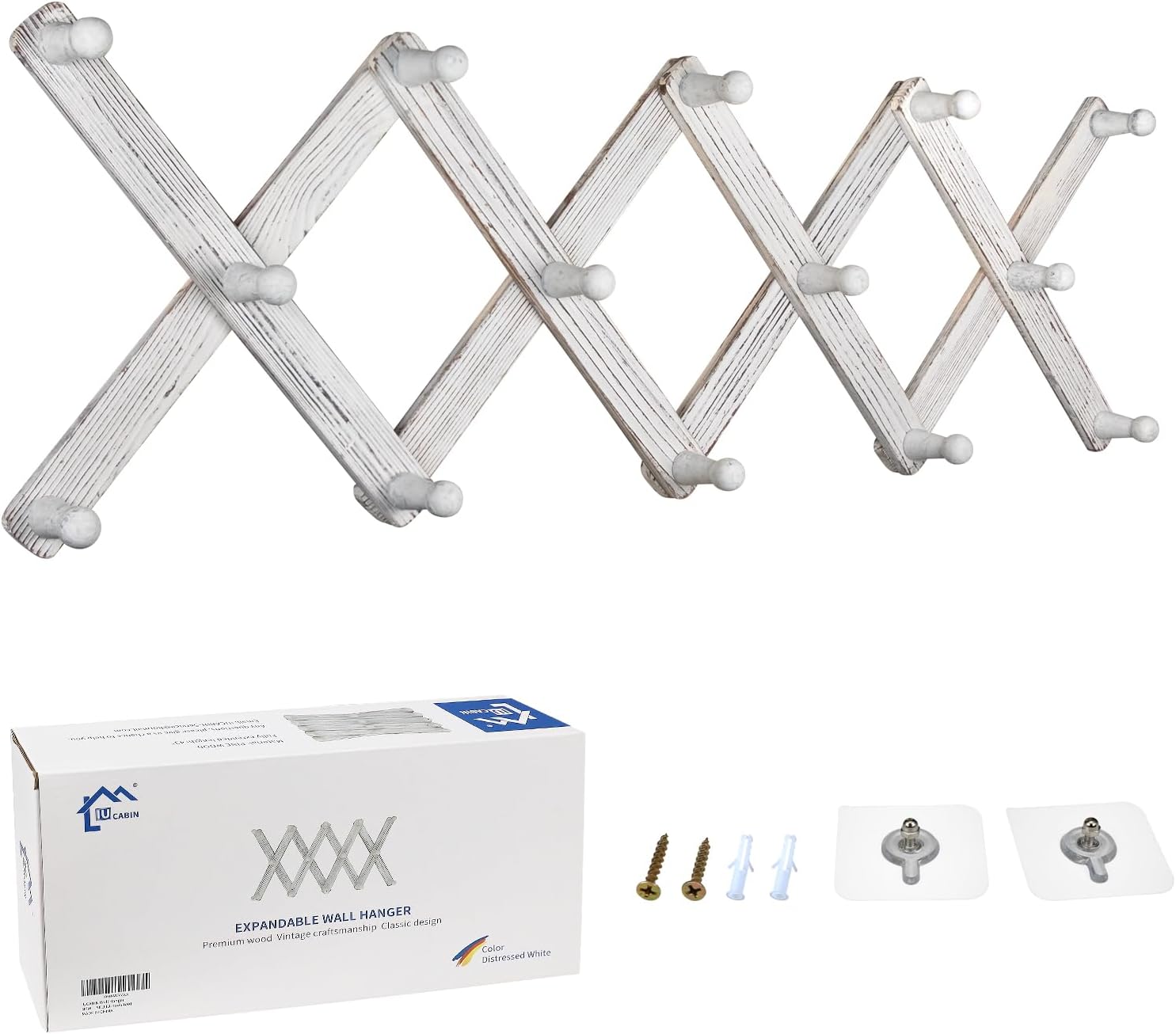 Vintage Wooden Accordion Wall Hanger Expandable Coat Rack with 14