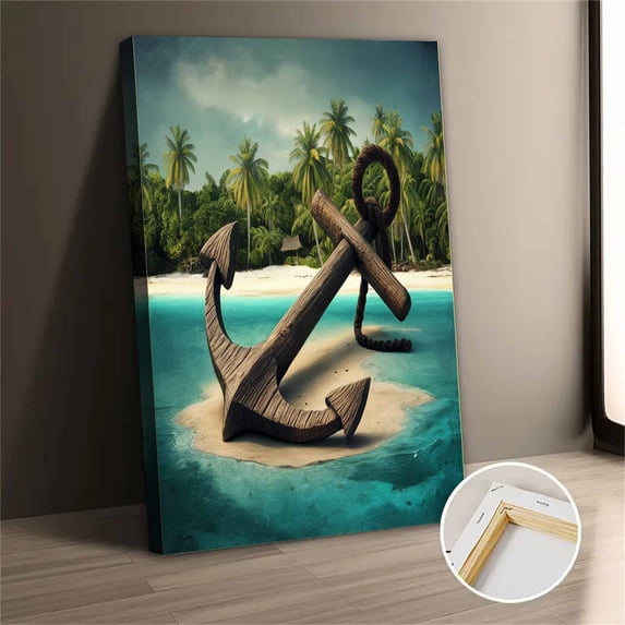 Vintage Wooden Anchor On Beach Canvas Wall Art