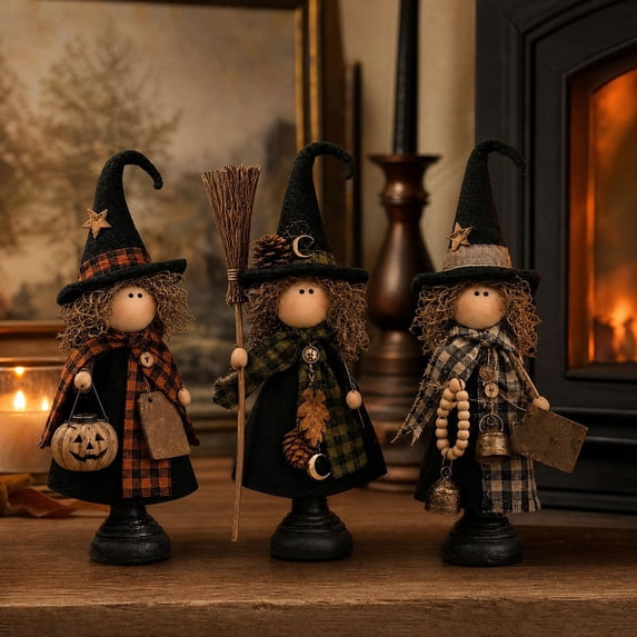 Vintage Wooden Base Witch Figurine Set 3 Pack Halloween Standing Witch Decor Rustic Fall Seasonal Table Centerpiece for Home Fireplace