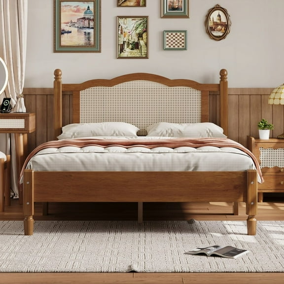 Vintage Wooden Bed Frame featuring Natural Rattan Headboard and Wooden Slat Support, Walnut Color