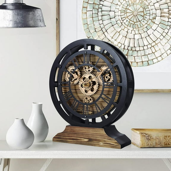 Vintage Wooden Black Wall Clock with Moving Gears, 10 Inch Farmhouse Desk Clock for Home Decor