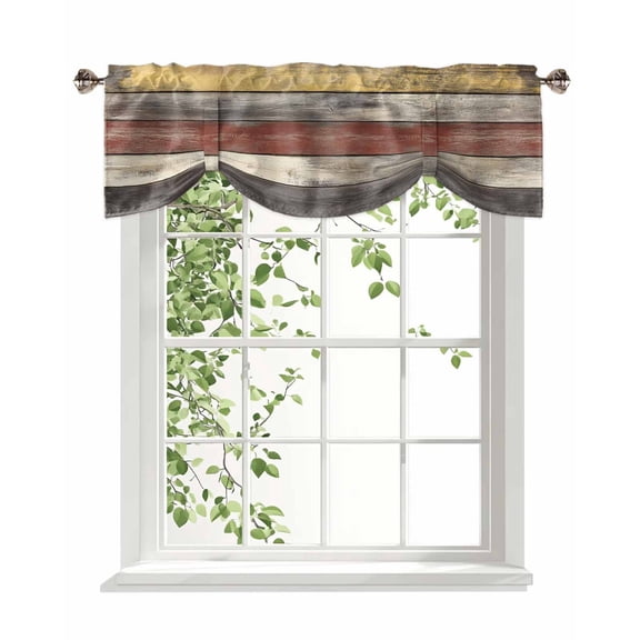 Vintage Wooden Board Tie Up Valances Curtain, Adjustable Kitchen Farmhouse Stripe Valances for Windows Decor, Rod Pocket Short Curtains Set for Bedroom/Bathroom, 42"x12"