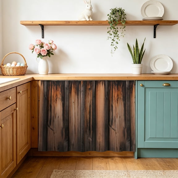 Vintage Wooden Boards Cabinet Curtains 10" W x 11" L Black Brown Wood Grain Retro Waterproof Adhesive Kitchen Under Sink Curtain Dust-Proof Dishwasher Skirt for Closet