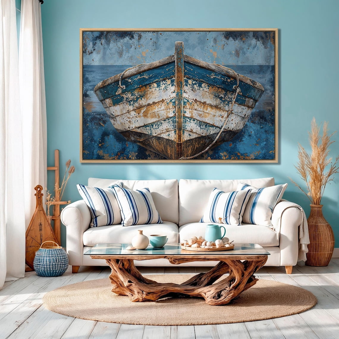 Vintage Wooden Boat Wall Art Nautical White Blue Rowboat Poster Rustic ...