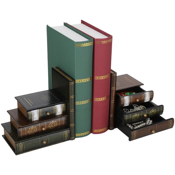Vintage Wooden Bookends with Drawers, Decorative Faux Book Holder Stands, Rustic Desk Hidden Storage Bookends, Retro Shelf Organizer for Home, Library, Caf, Study Room