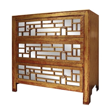 Wood and Mirror Trim Storage Cabinet with 3 Drawers, Gold and Silver- Saltoro Sherpi